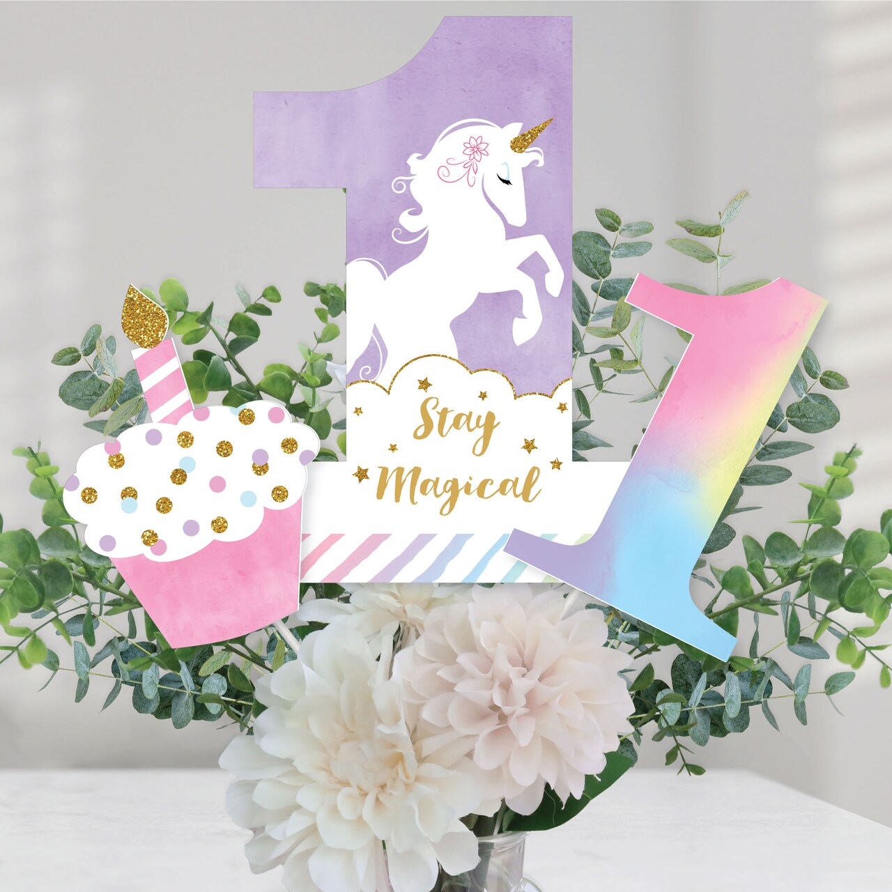 Big Dot of Happiness 1st Birthday Rainbow Unicorn - Magical Unicorn First Birthday Party Centerpiece Sticks - Table Toppers - Set of 15